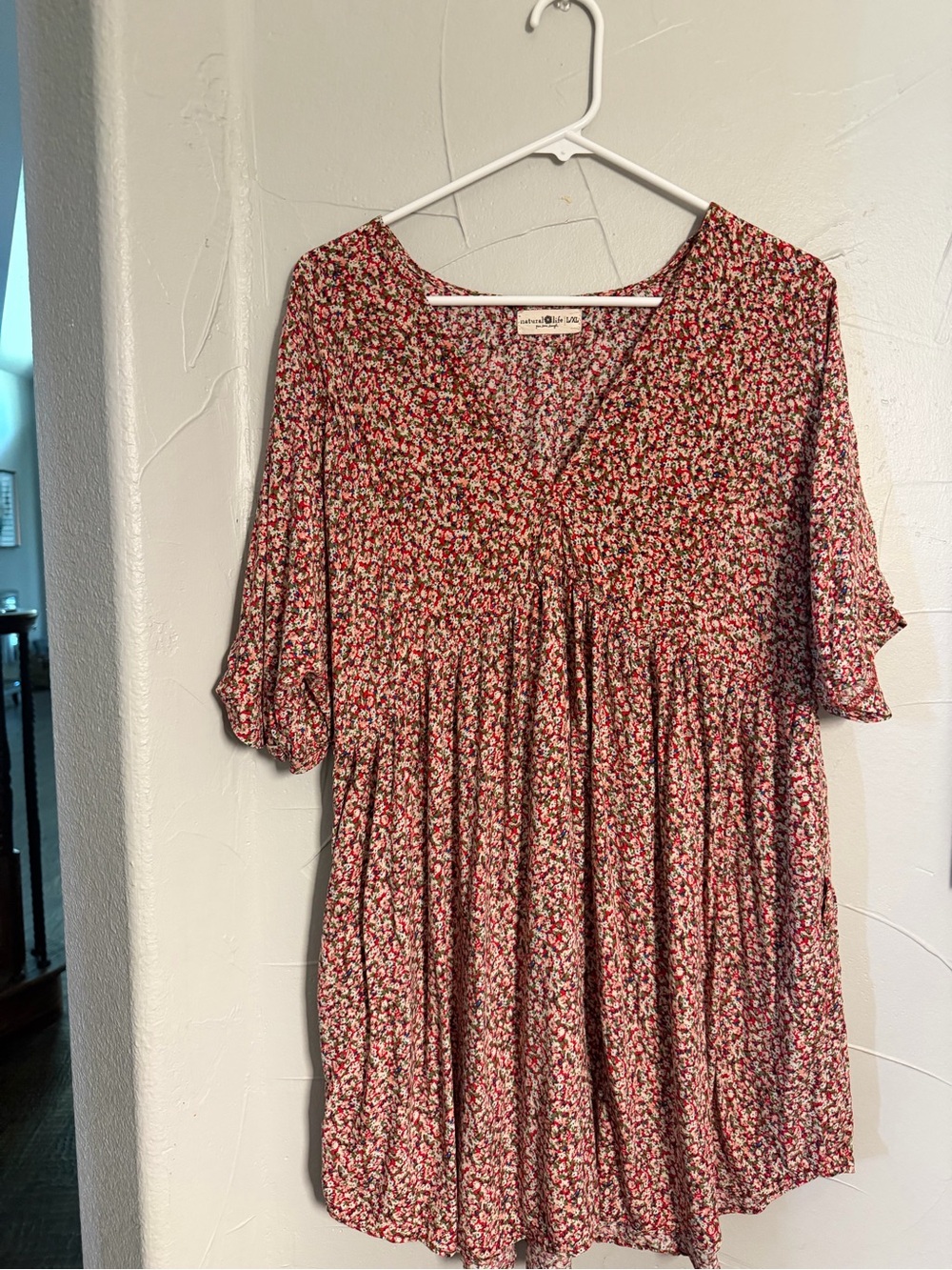 NATURAL LIFE Red Floral V-Neck Babydoll Tunic Dress